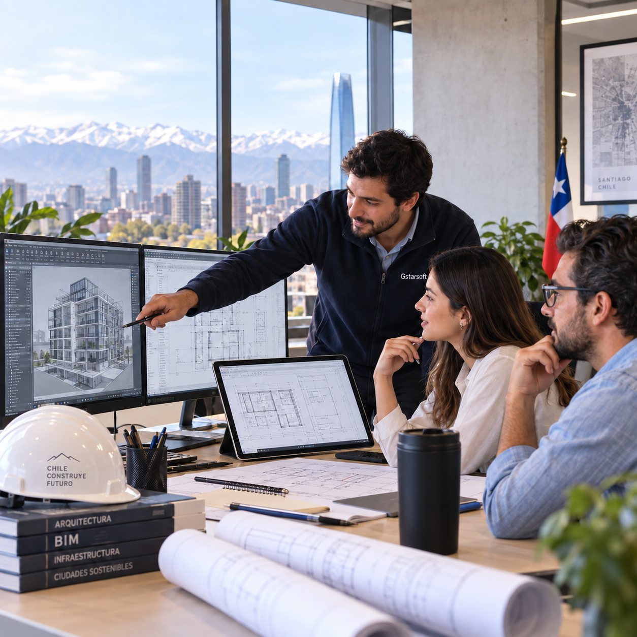 Equipo de diseño trabajando con planos CAD
